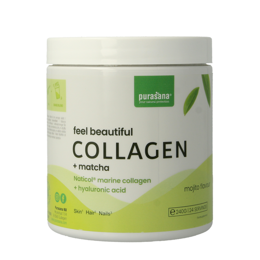 Purasana Collageen Matcha Feel Beautiful herbal supplement in a 240g container, with green matcha powder visible in the image.