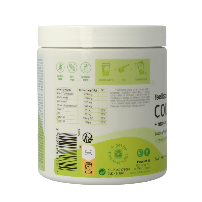 Purasana Collageen Matcha feel beautiful herbal supplement in a 240g container, featuring matcha powder and collagen ingredients.