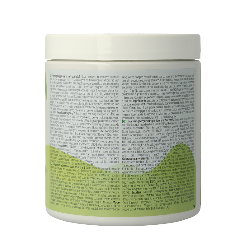 Purasana Collageen Matcha Feel Beautiful herbal supplement in a 240g jar, featuring matcha powder and collagen ingredients.
