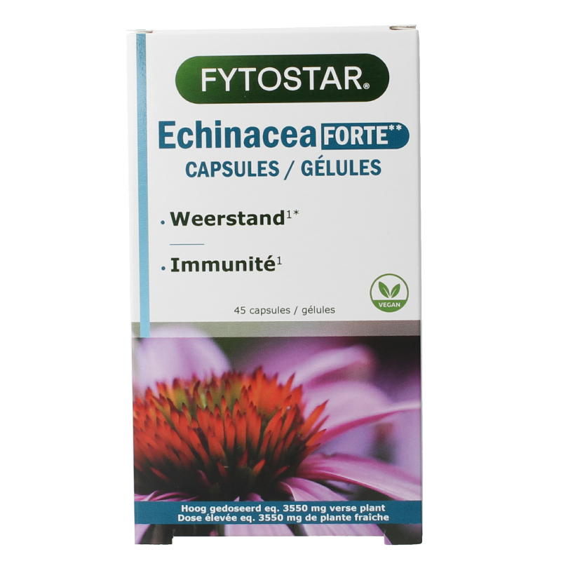 Fytostar Echinacea Forte 1215 herbal capsules in a bottle, part of Fytostar's herbal supplement range.