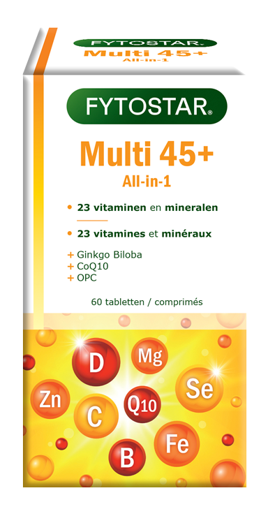 Fytostar Multi 45+ multivitamin tablets in a bottle, showing 60 tablets for overall daily vitamin supplementation.