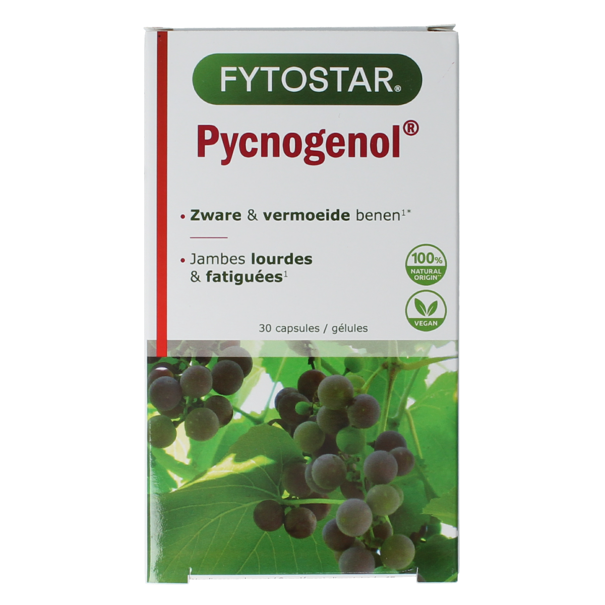 Fytostar Pycnogenol 30 capsules bottle, herbal supplement in a white container with label, on a plain background.