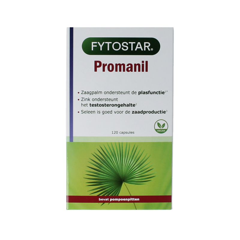 Fytostar Promanil mannenformule herbal supplement capsules in a bottle, designed for men's health and wellness.