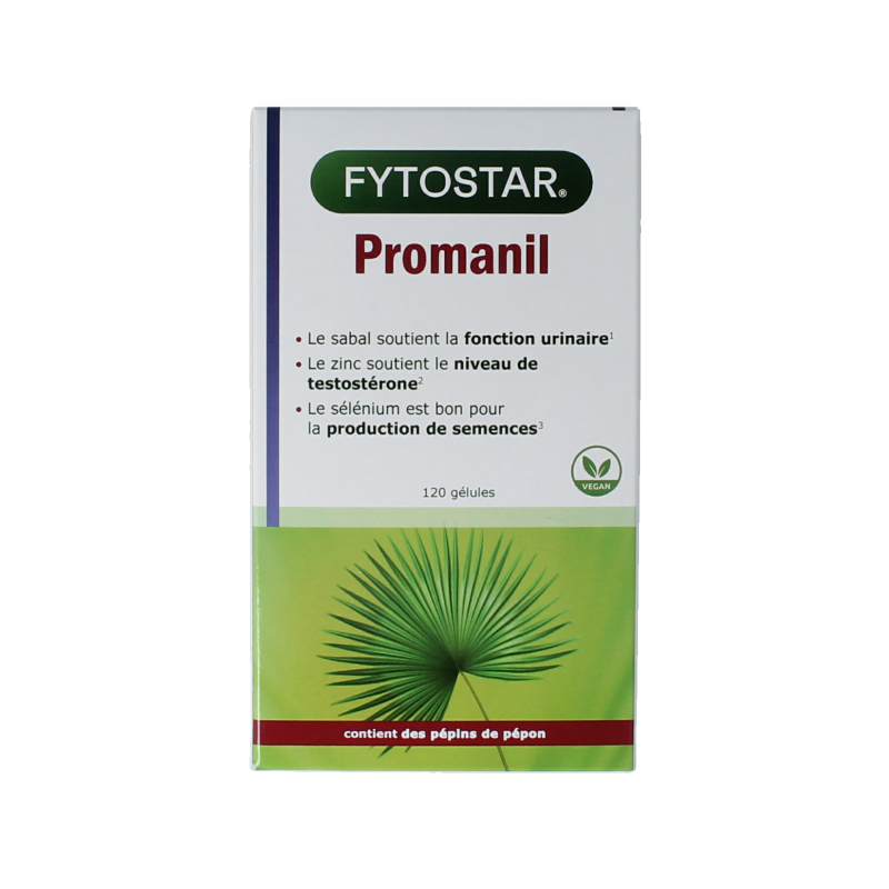 Fytostar Promanil mannenformule herbal capsules in a bottle, dietary supplement for men's health.