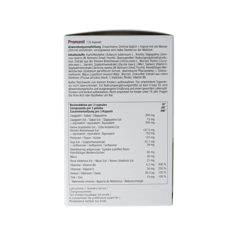 Fytostar Promanil mannenformule herbal supplement capsules shown in a container with label and capsules.