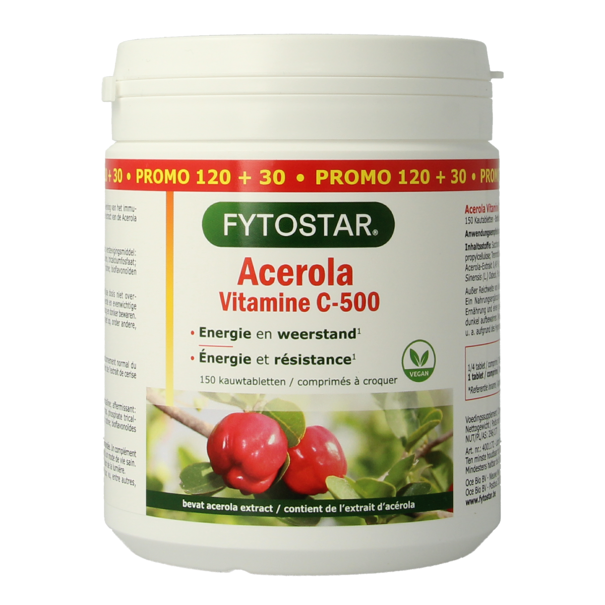 Fytostar Acerola vitamin C 500 chewable tablets, orange-flavored dietary supplement, close-up of the chewable tablets.