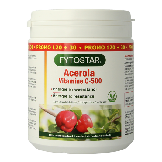 Fytostar Acerola vitamin C 500 chewable tablets, orange-flavored dietary supplement, close-up of the chewable tablets.
