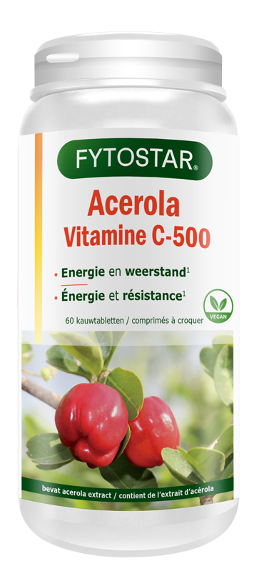 Fytostar Acerola Vitamin C 500mg chewable tablets, 60 count, showing the bottle and tablets in blister pack.