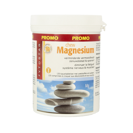 Fytostar Magnesium chewable tablets, mineral supplement, showing a close-up of the chewable tablets in their packaging.