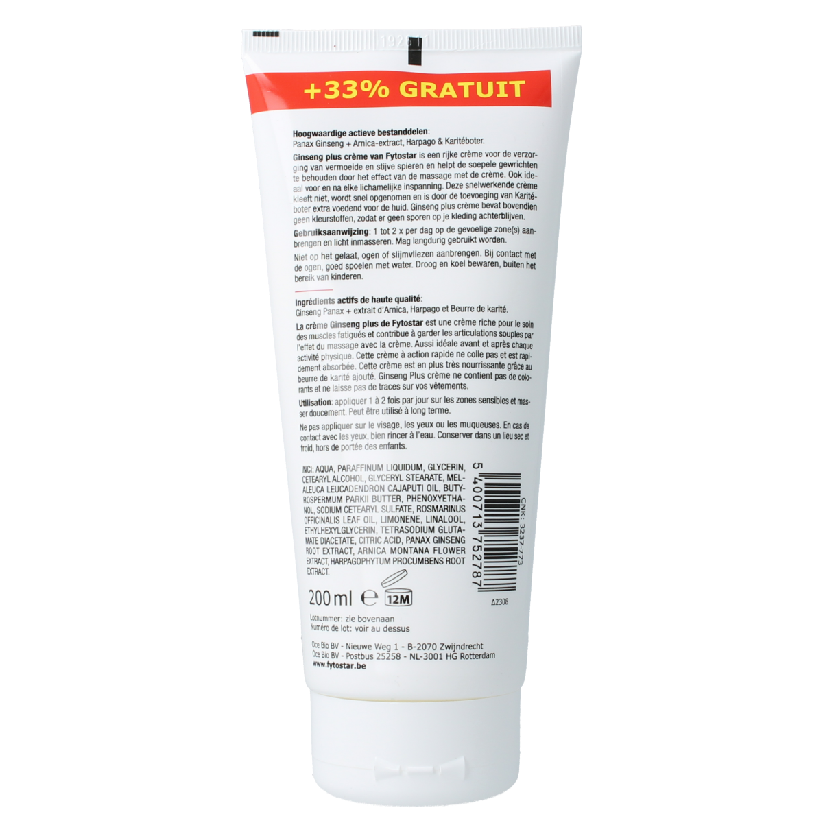 Fytostar Ginseng Plus muscle and joint cream in 200ml tube, featuring ginseng extract for soothing muscle care.