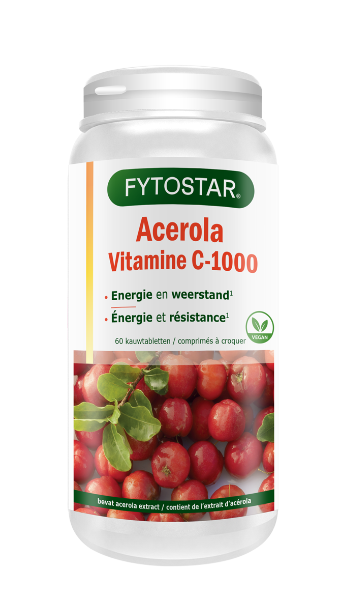 Fytostar Vitamine C 1000 Acerola chewable tablets, natural orange flavor, pack of 60 for immune support and daily vitamin intake.