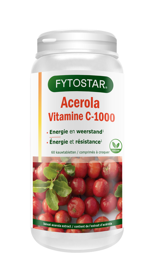 Fytostar Vitamine C 1000 Acerola chewable tablets, natural orange flavor, pack of 60 for immune support and daily vitamin intake.