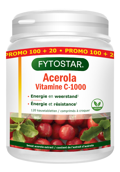 Fytostar Acerola Vitamin C 1000mg chewable tablets, orange-flavored supplement with 120 tablets in bottle