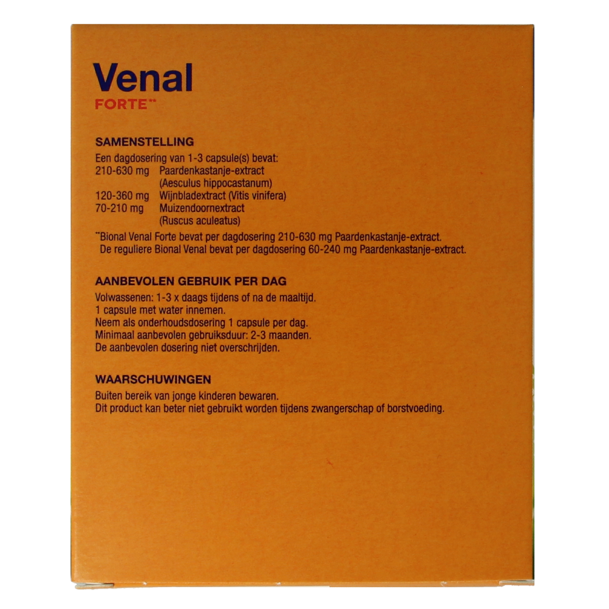 Bional Venal Forte herbal capsules in a bottle, dietary supplement by Bional for supporting venous health.
