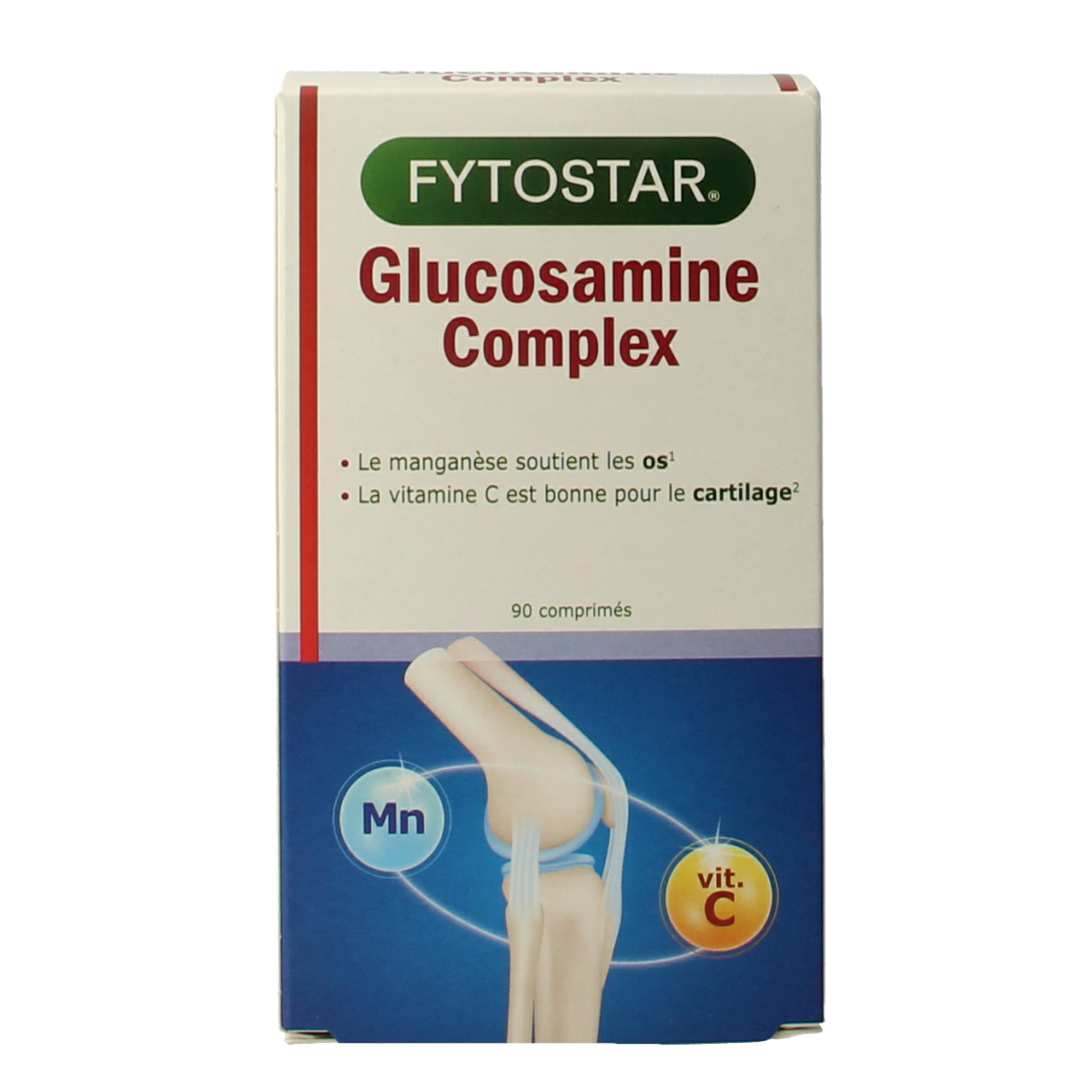 Fytostar Glucosamine 1500 mg mineral supplement tablets, showing a bottle with 90 tablets for joint health support.