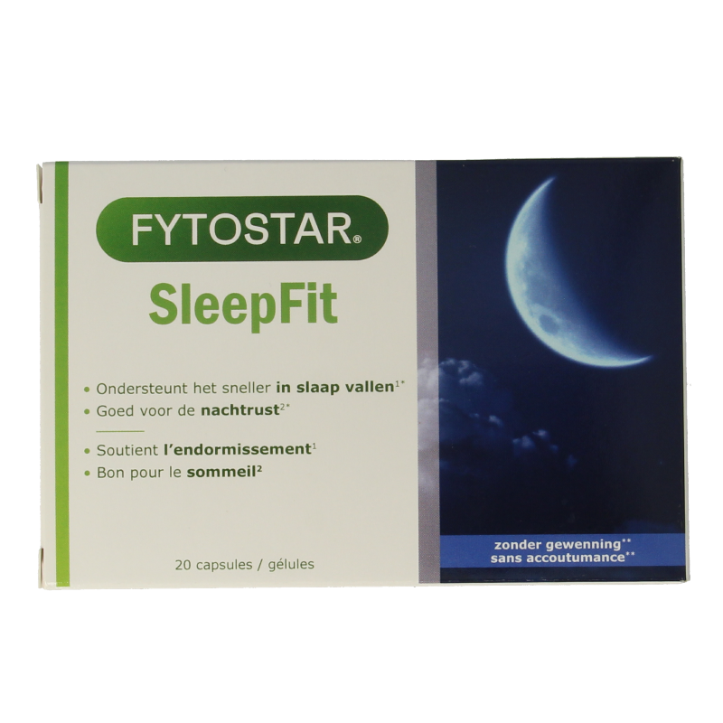Fytostar Sleep Fit herbal supplement capsules in a blister pack, designed to support relaxation and restful sleep.