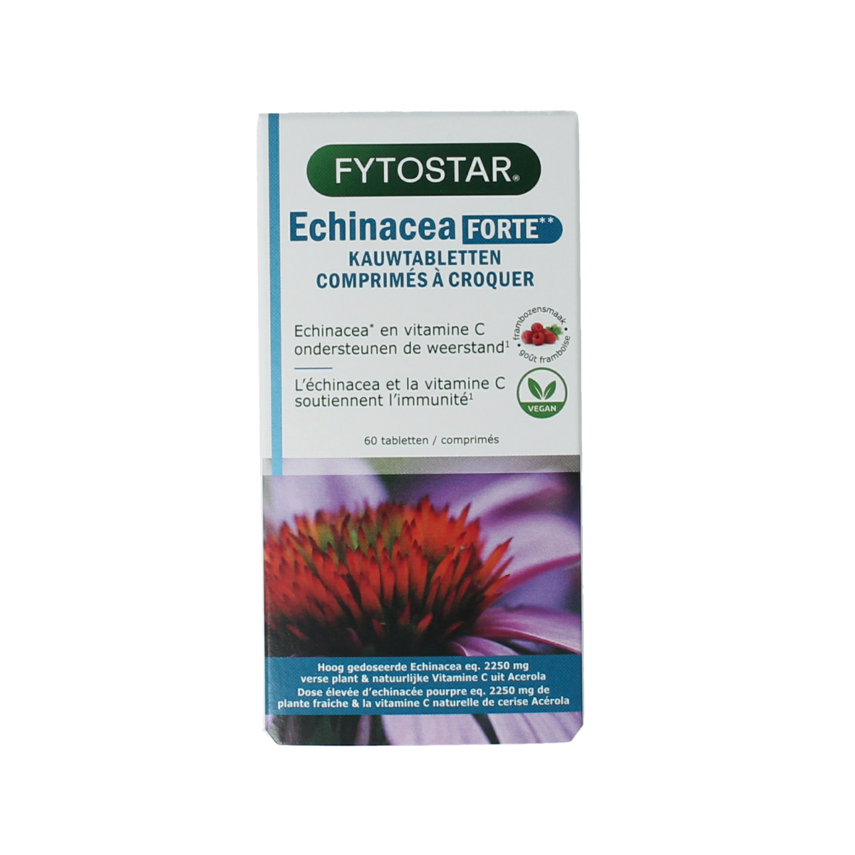 Fytostar Echinacea Forte 60 chewable tablets, herbal supplement with echinacea for immune support, in a colorful bottle.