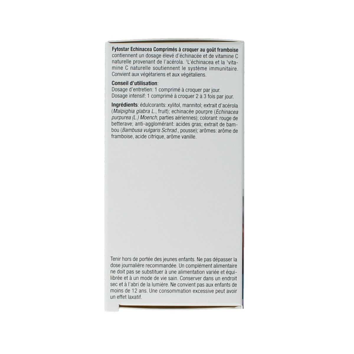 Fytostar Echinacea Forte chewable tablets, herbal dietary supplement, showing a bottle of 60 chewable echinacea tablets.