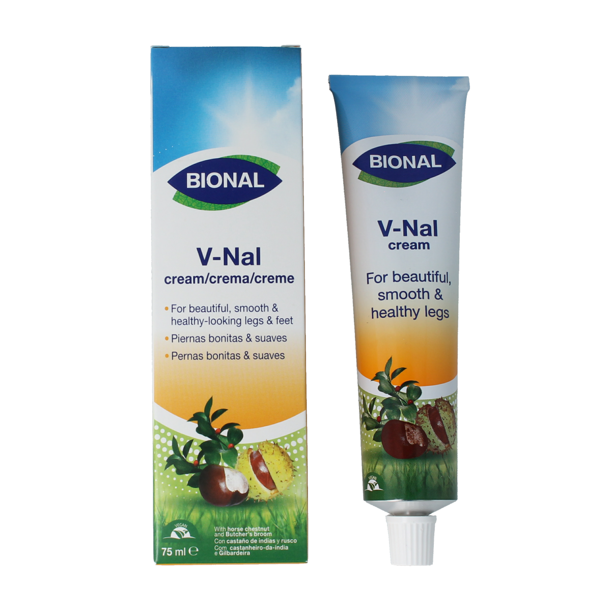 Bional V-nal cream 75ml tube, soothing beenverzorging product with a white and blue packaging design.
