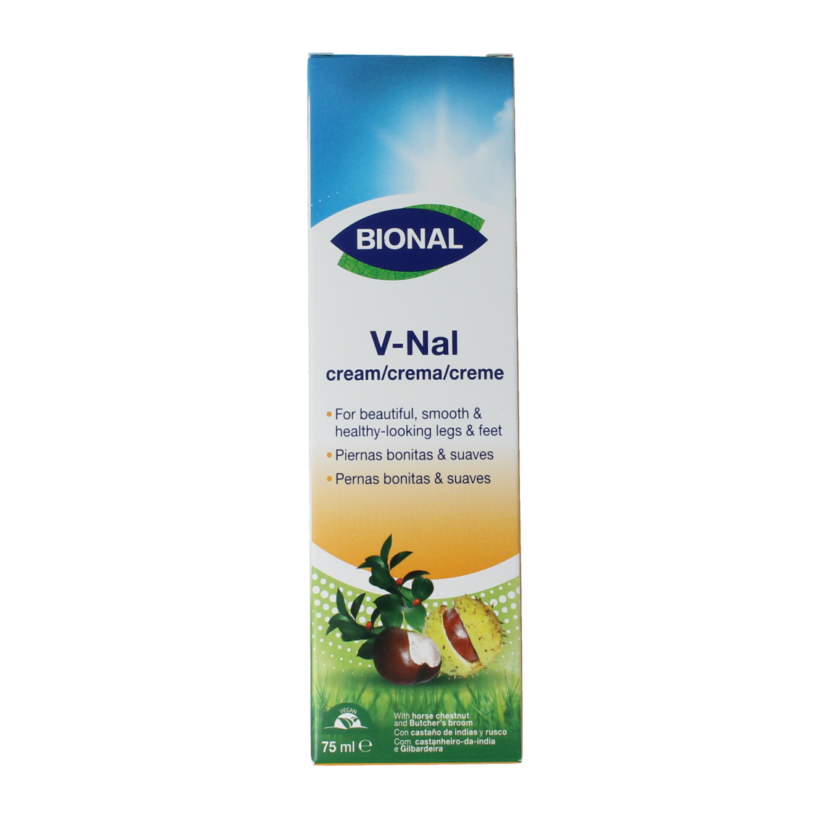 Bional V-nal cream 75ml tube, beenverzorging product with white and green packaging, designed for skin care and soothing.