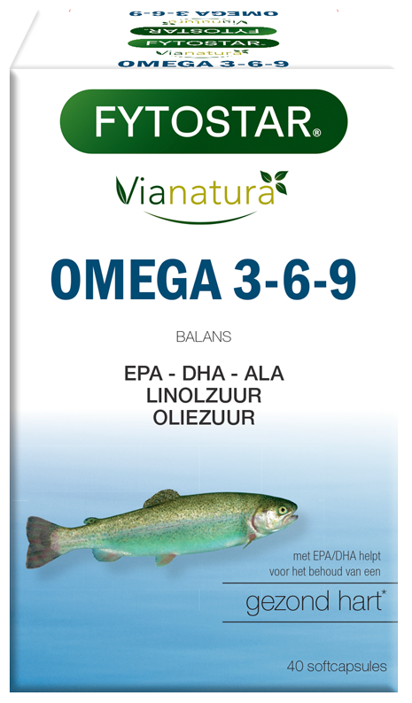 Fytostar Omega 3 6 9 Vetzuren capsules in a blister pack, showing the supplement's container and capsules inside.