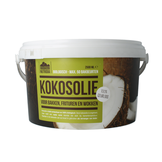 Nutribel geurloze biologische kokosolie in 2500 ml bottle, versatile oil for cooking and baking, natural and pure.