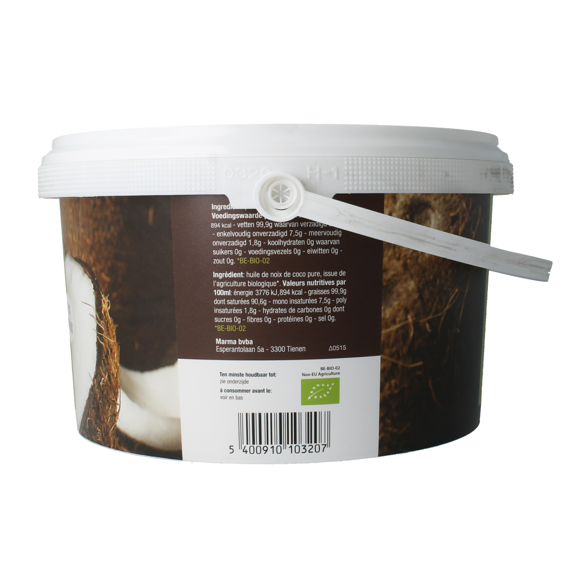 Nutribel geurloze biologische kokosolie in een 2500 ml fles, geschikt voor koken en bakken, zonder geur of smaak.