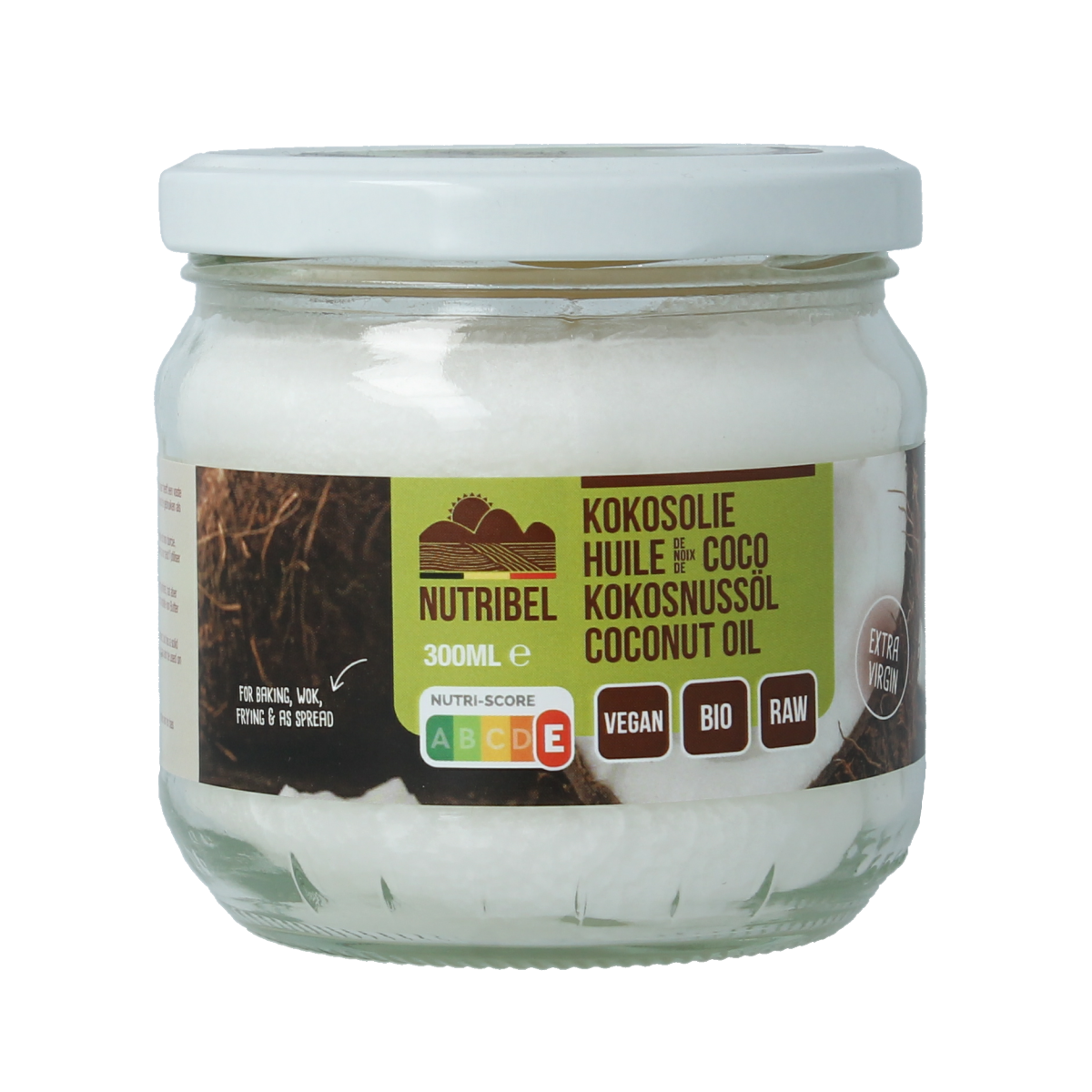 Organic extra virgin coconut oil by Nutribel in a 300ml bottle, displayed in a clear container with a white cap.
