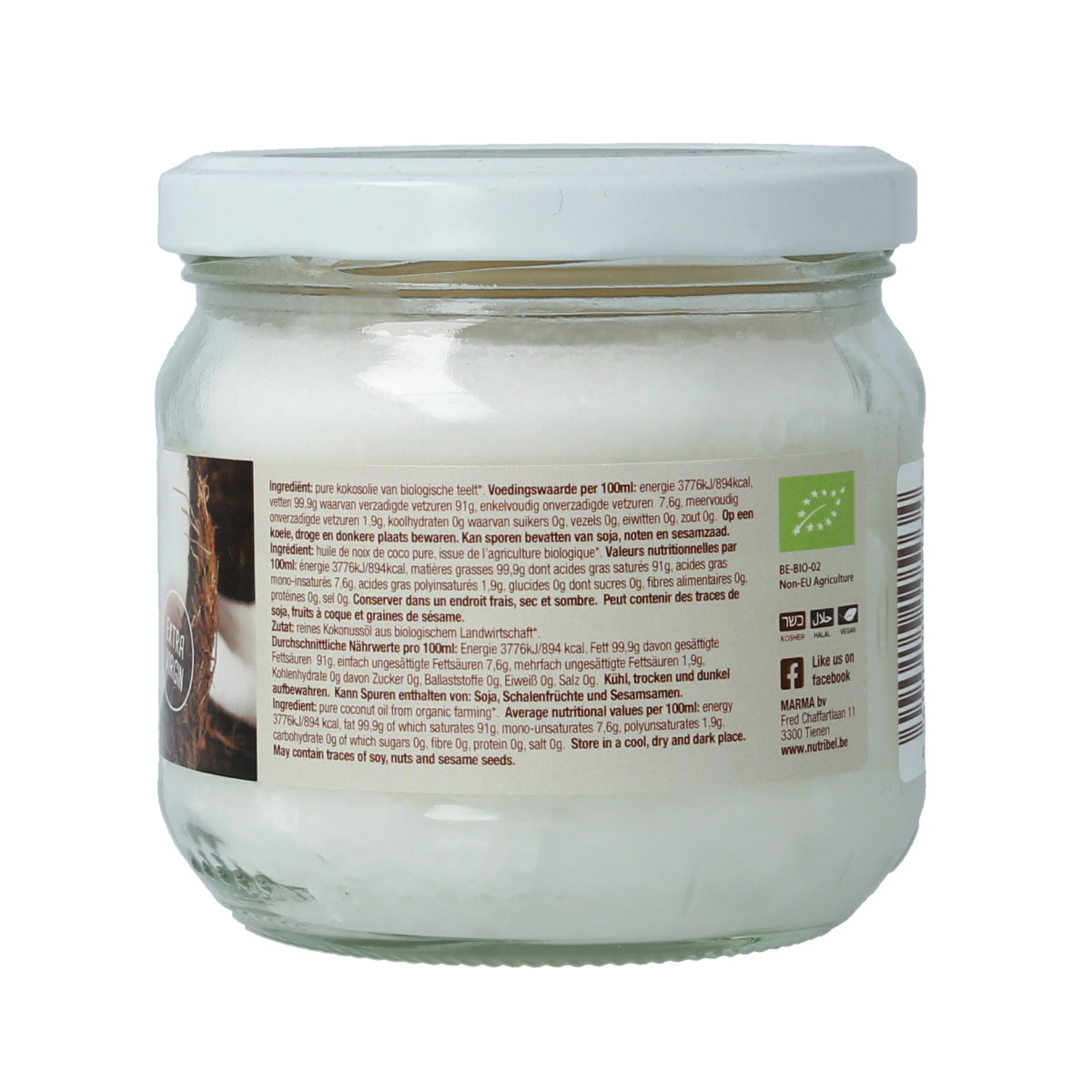 Nutribel extra virgin organic coconut oil in a 300ml bottle, showing the label and clear liquid inside.