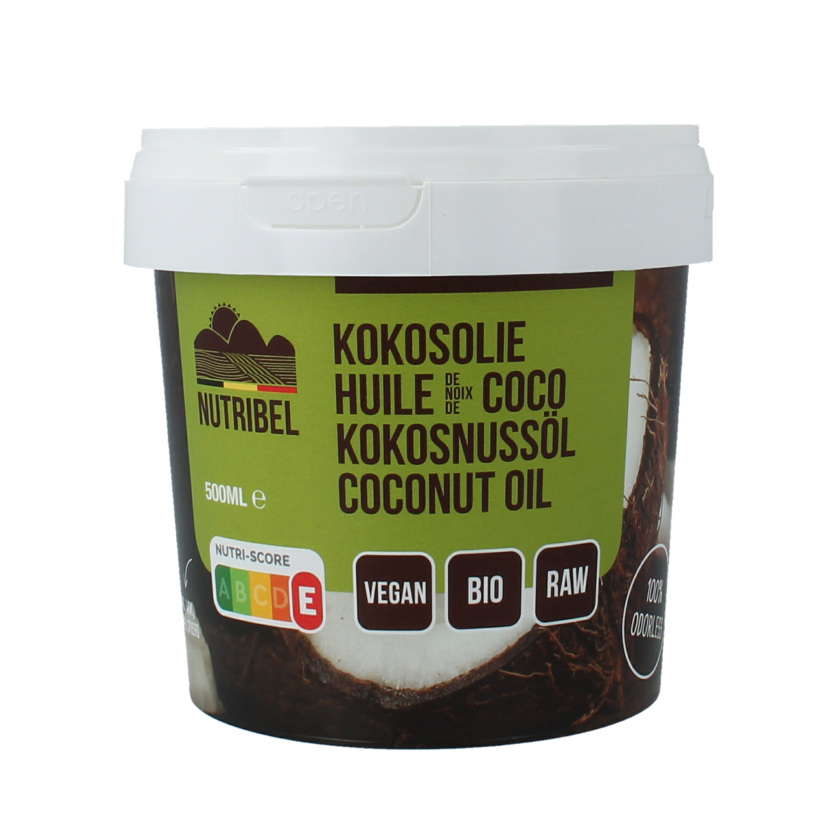 Unrefined, odorless organic coconut oil by Nutribel in a 500ml bottle, suitable for cooking and skincare.