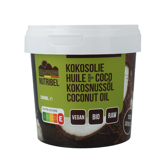 Unrefined, odorless organic coconut oil by Nutribel in a 500ml bottle, suitable for cooking and skincare.
