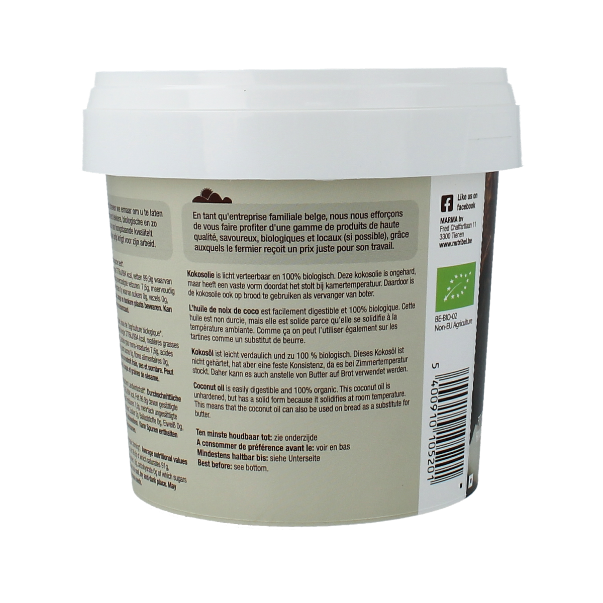 Unopened bottle of Nutribel geurloze biologische kokosolie in 500ml container, suitable for cooking and baking.