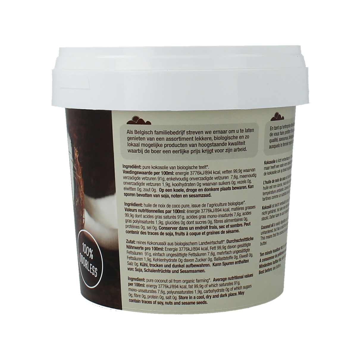 Unrefined organic odorless coconut oil bottle from Nutribel, 500ml, in a clear container with a white cap.