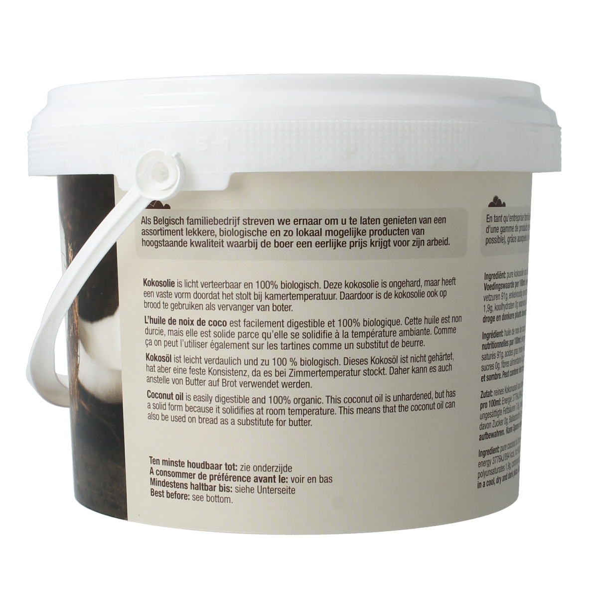 Nutribel geurloze biologische kokosolie in 1500 ml plastic bottle, natural coconut oil for cooking and skincare.