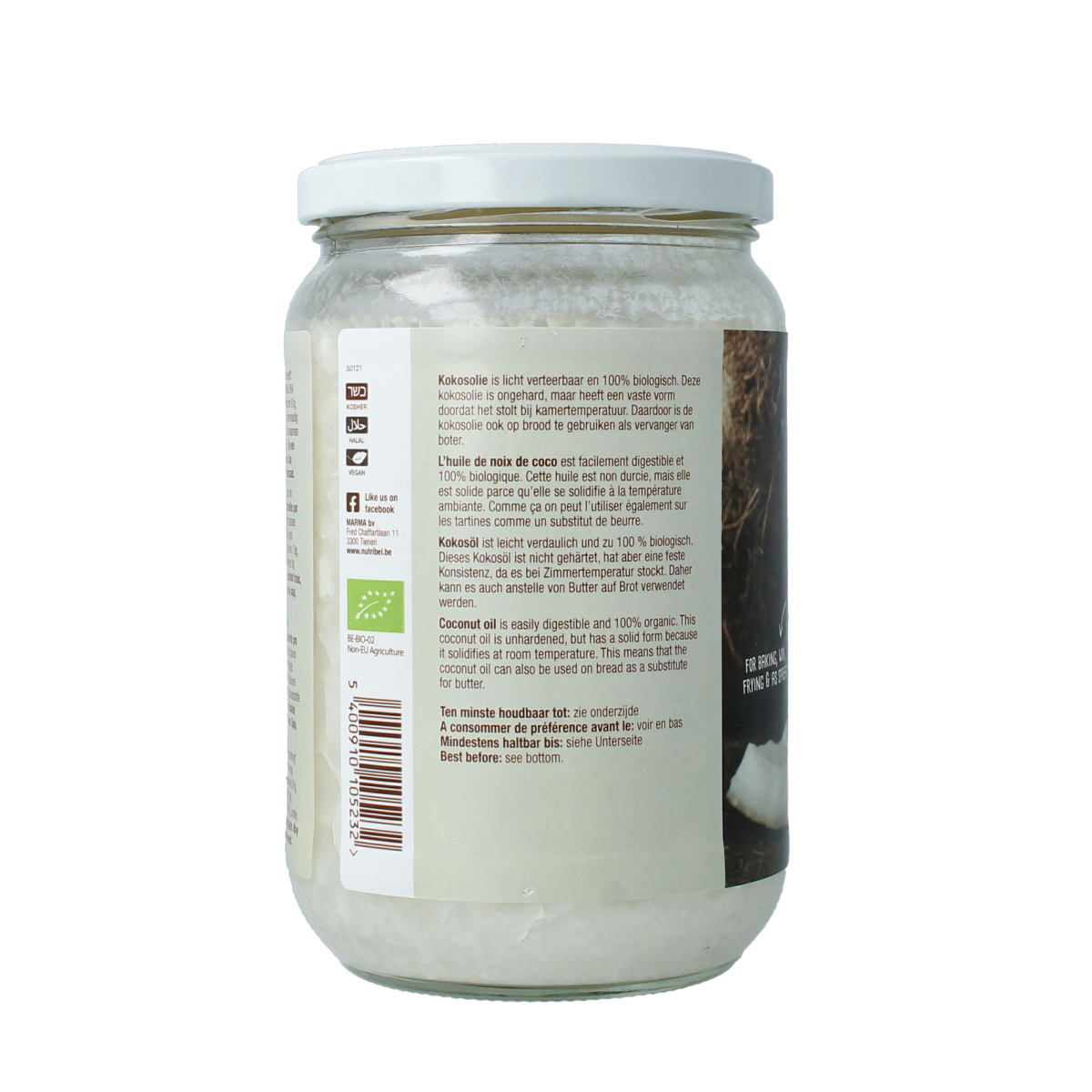 Organic extra virgin coconut oil by Nutribel in a 600ml bottle, showcasing the clear, golden oil inside a glass container.