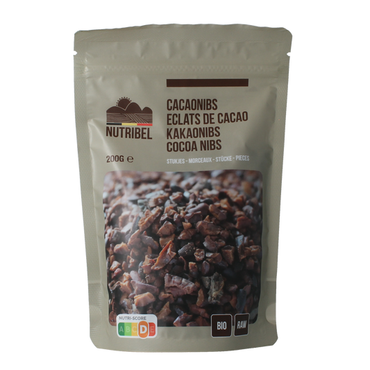 Raw Nutribel cacao nibs in a 200g package, organic superfood, visible cacao nibs in a resealable bag.