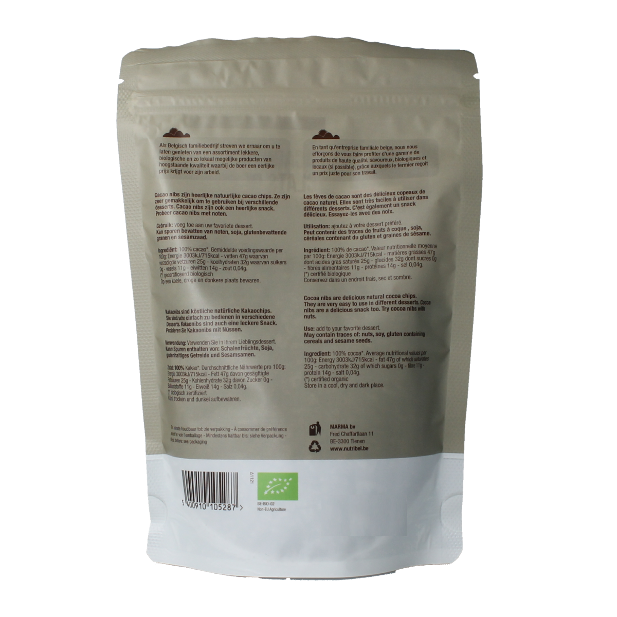 Raw Nutribel cacao nibs in a 200g package, highlighting organic superfoods and natural cacao pieces.