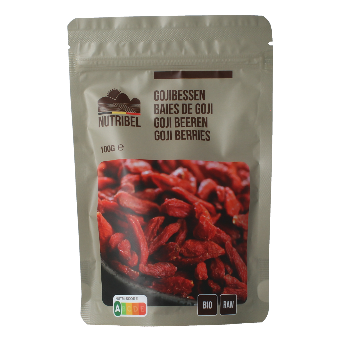 Raw Nutribel Gojibessen superfood in 100g package, showcasing vibrant dried goji berries for healthy eating.
