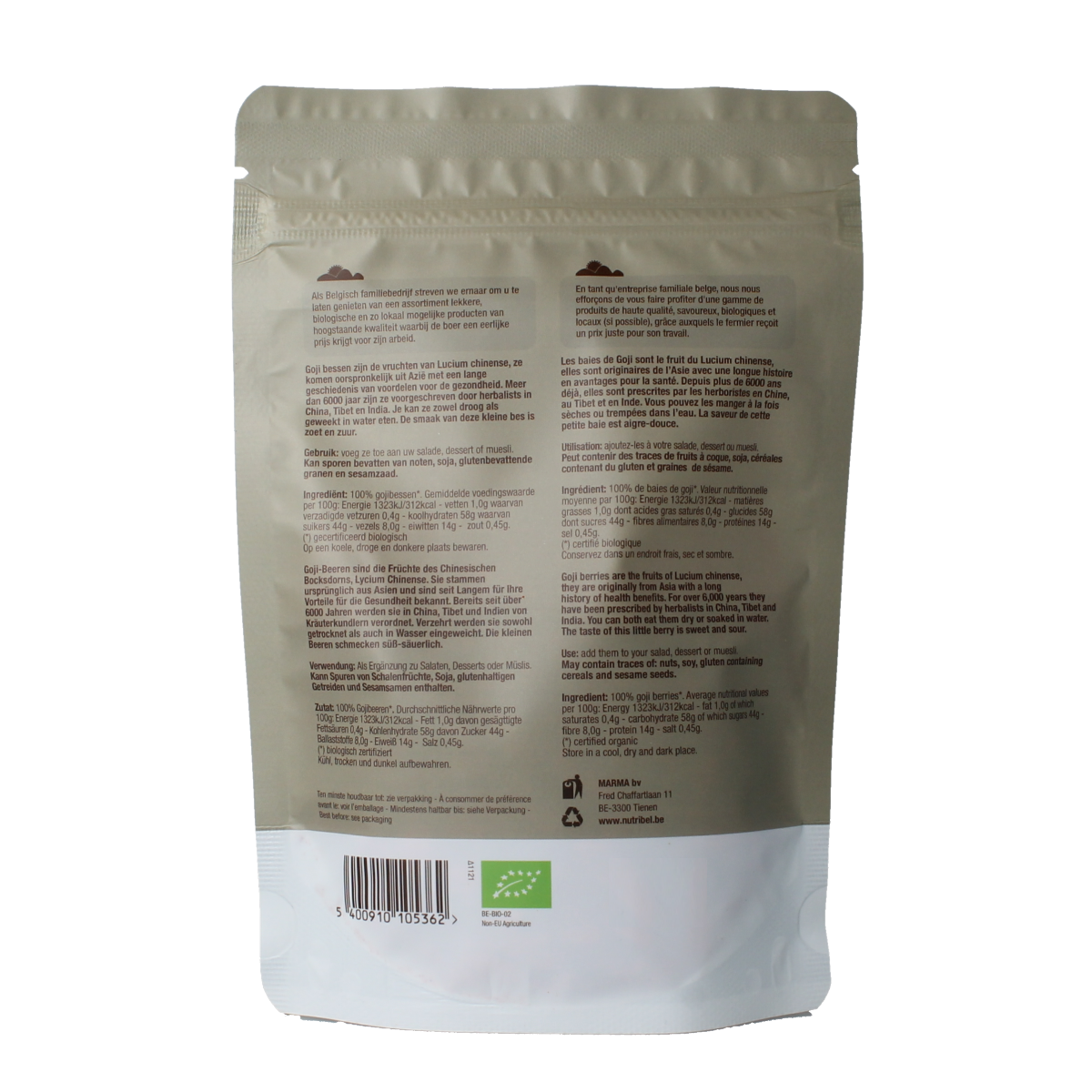 Raw organic Nutribel Gojibessen superfoods in a 100g package, showcasing vibrant dried goji berries on a white background.