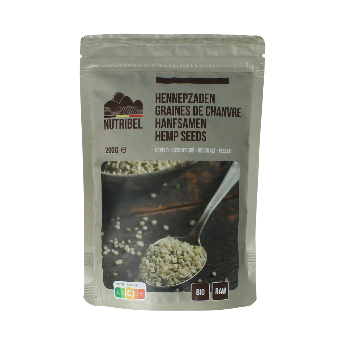 Raw organic hemp seeds from Nutribel, 200g, shown in a clear image, highlighting the shelled, natural superfood product.