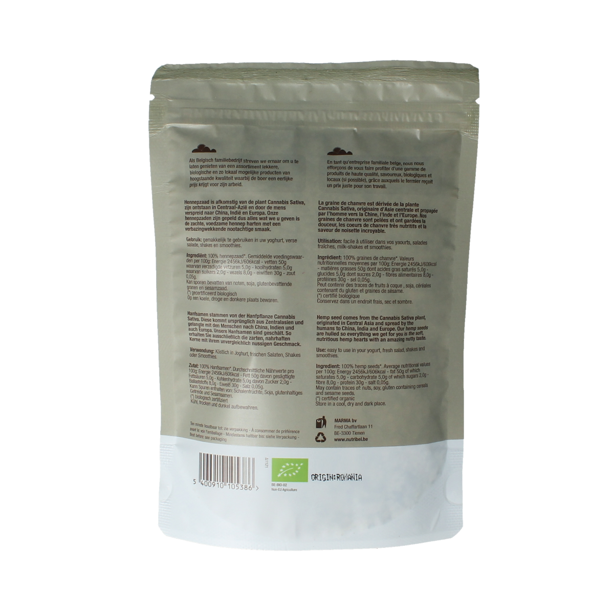 Raw organic Nutribel hemp seeds in a 200g package, showcasing the shelled hemp seeds as a superfood.