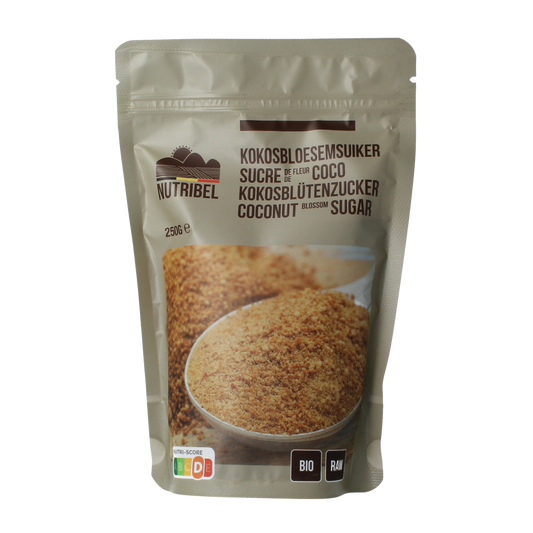 Nutribel bio raw coconut blossom sugar in a 250g package, natural sweetener from organic coconut flowers.
