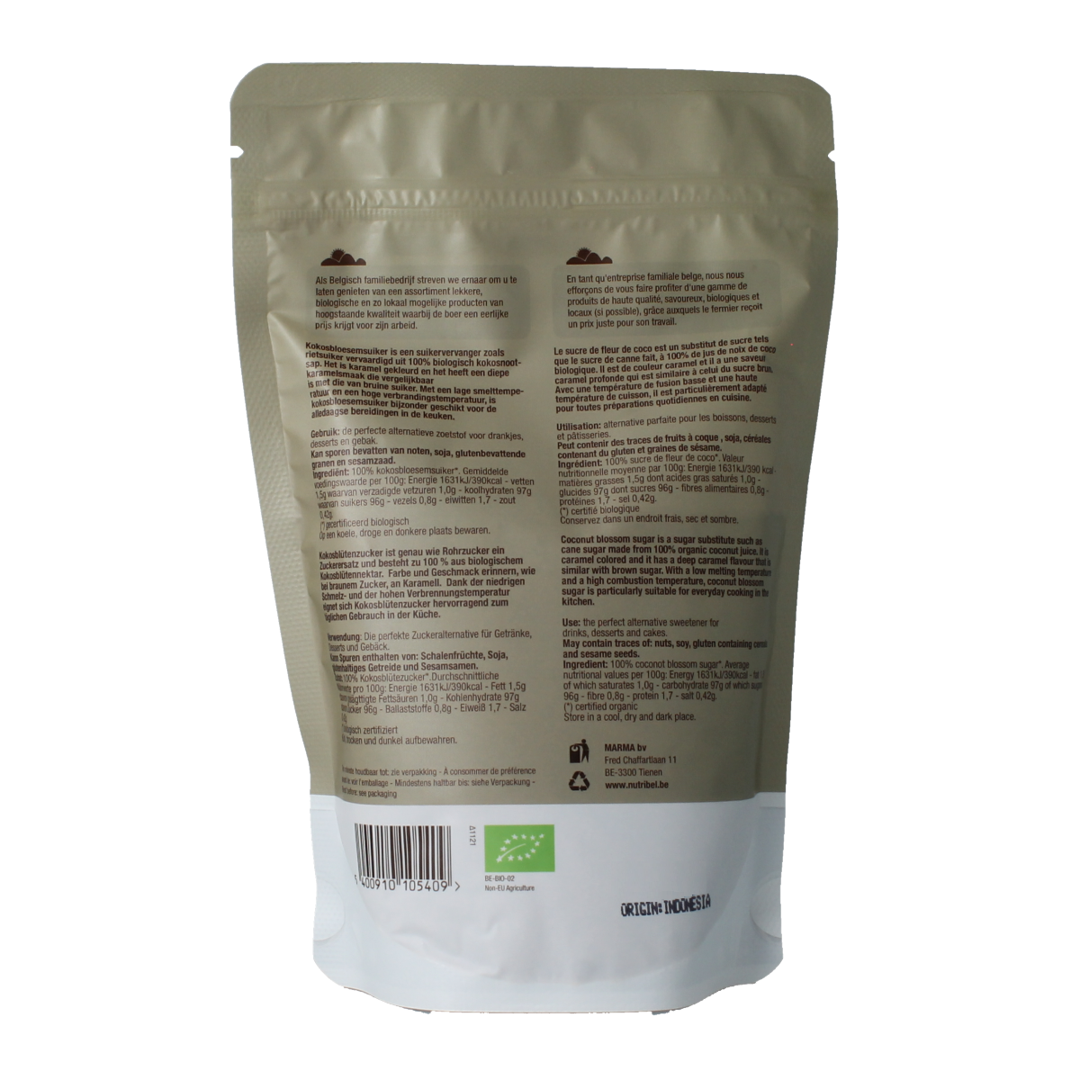 Nutribel raw organic coconut blossom sugar in 250g package, natural sweetener from the Suikers en Zoetstoffen category.