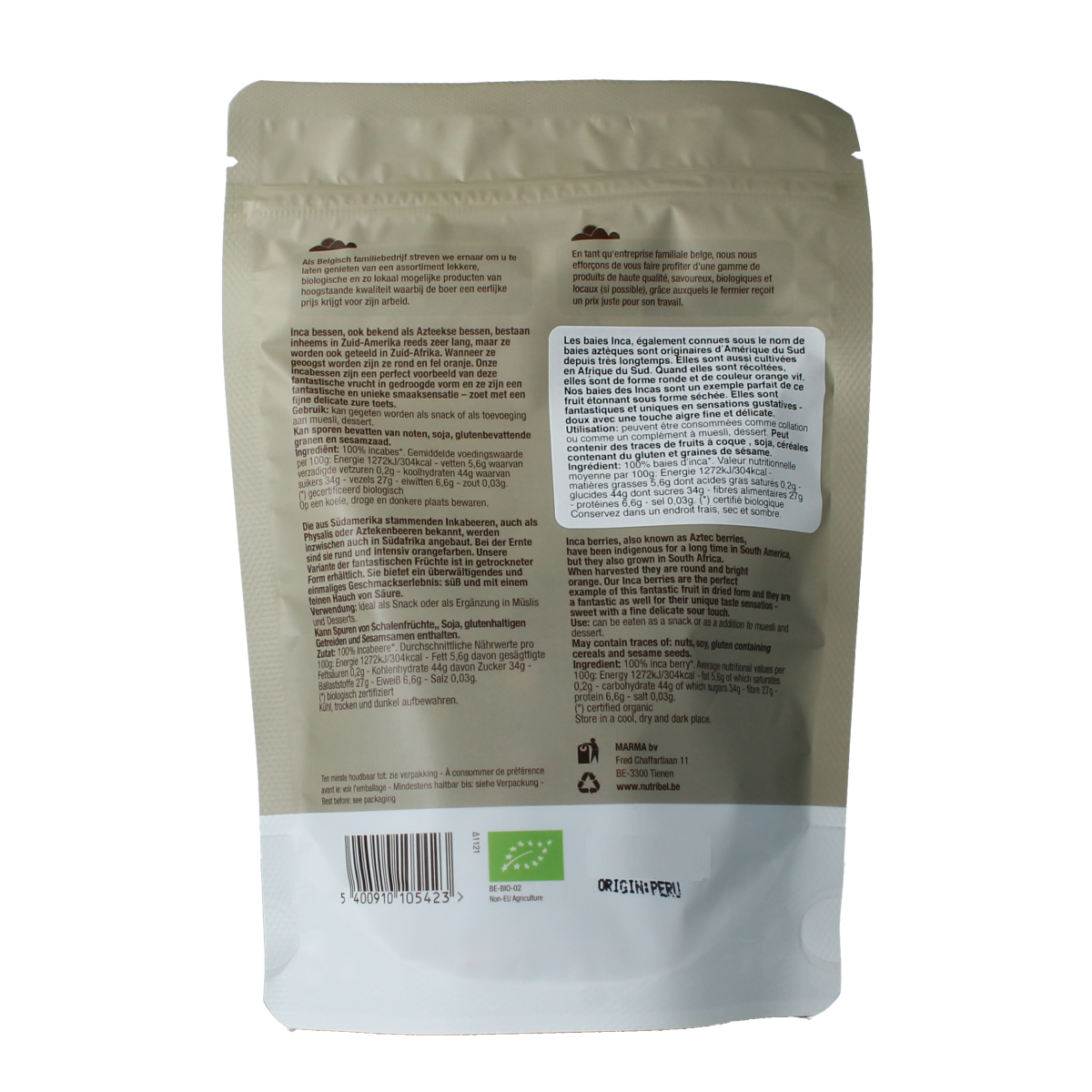 Nutribel Inca Bessen raw organic superfood in 150g package, vibrant purple berries on a natural background.