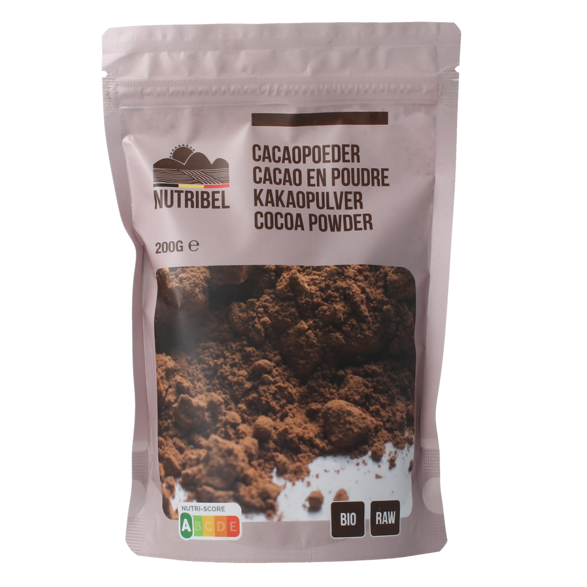 Raw organic Nutribel cacao powder in 200g package, showcasing rich, dark cacao with a natural, superfood appearance.
