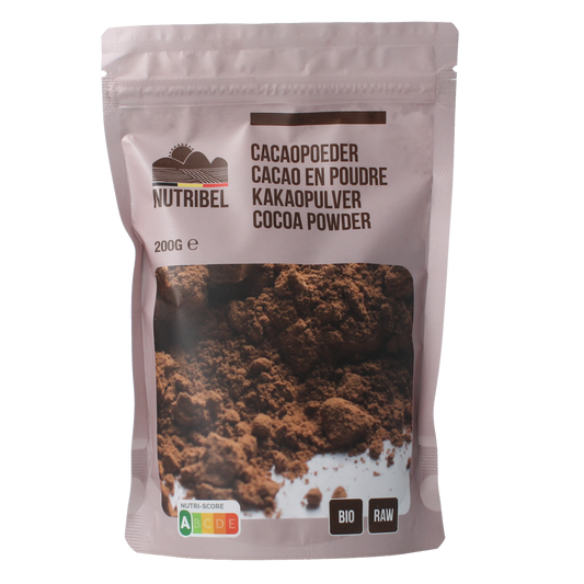 Raw organic Nutribel cacao powder in 200g package, showcasing rich, dark cacao with a natural, superfood appearance.