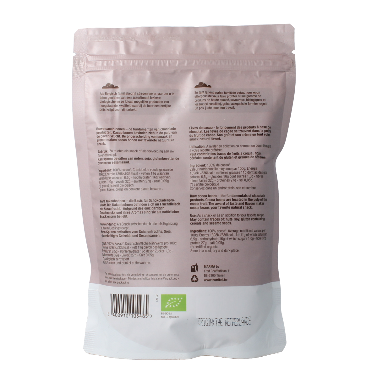 Nutribel raw cacao powder in 200g package, organic superfood, dark rich chocolate powder for baking and smoothies.