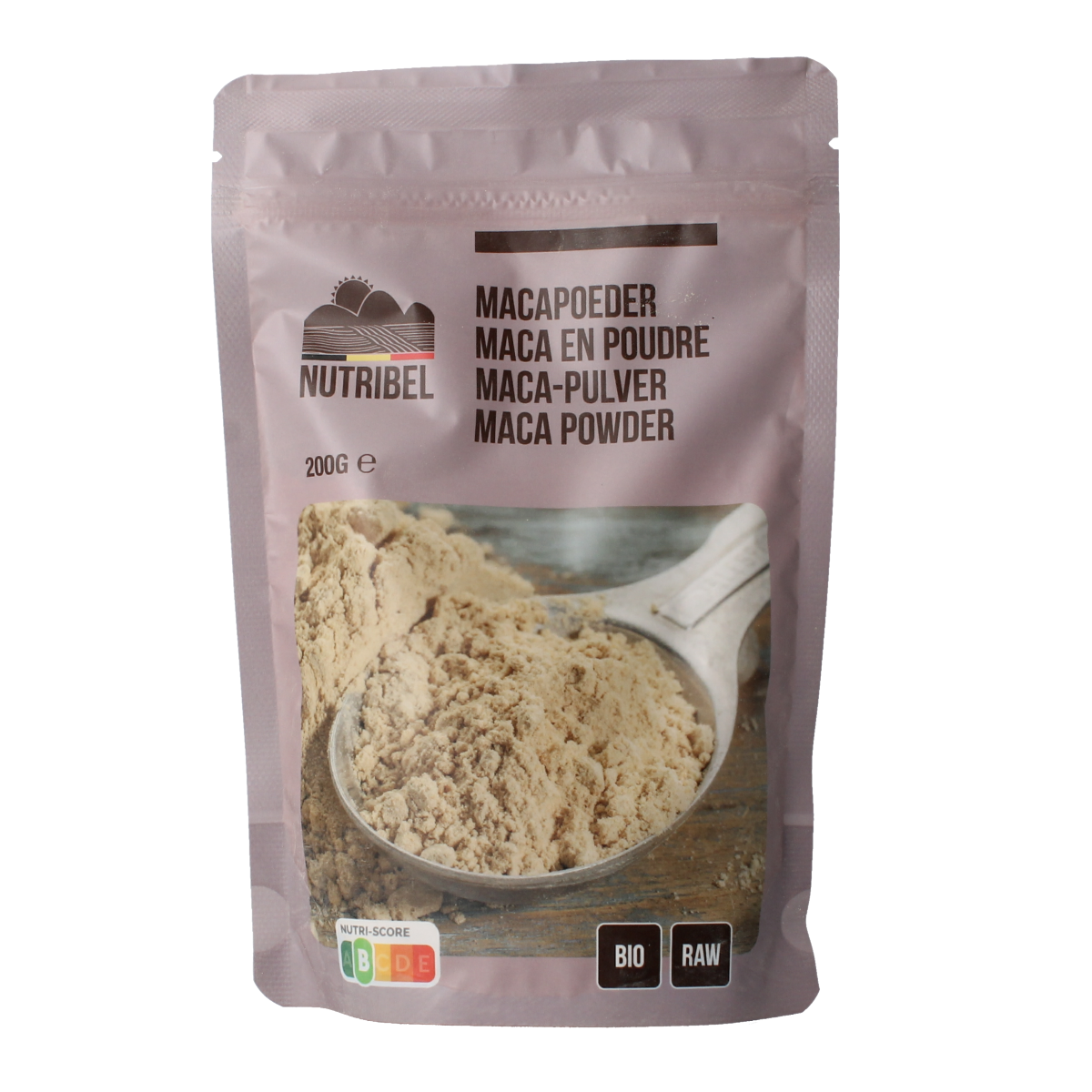 Nutribel raw organic Maca powder in a 200g package, a dietary supplement and herbal preparation.