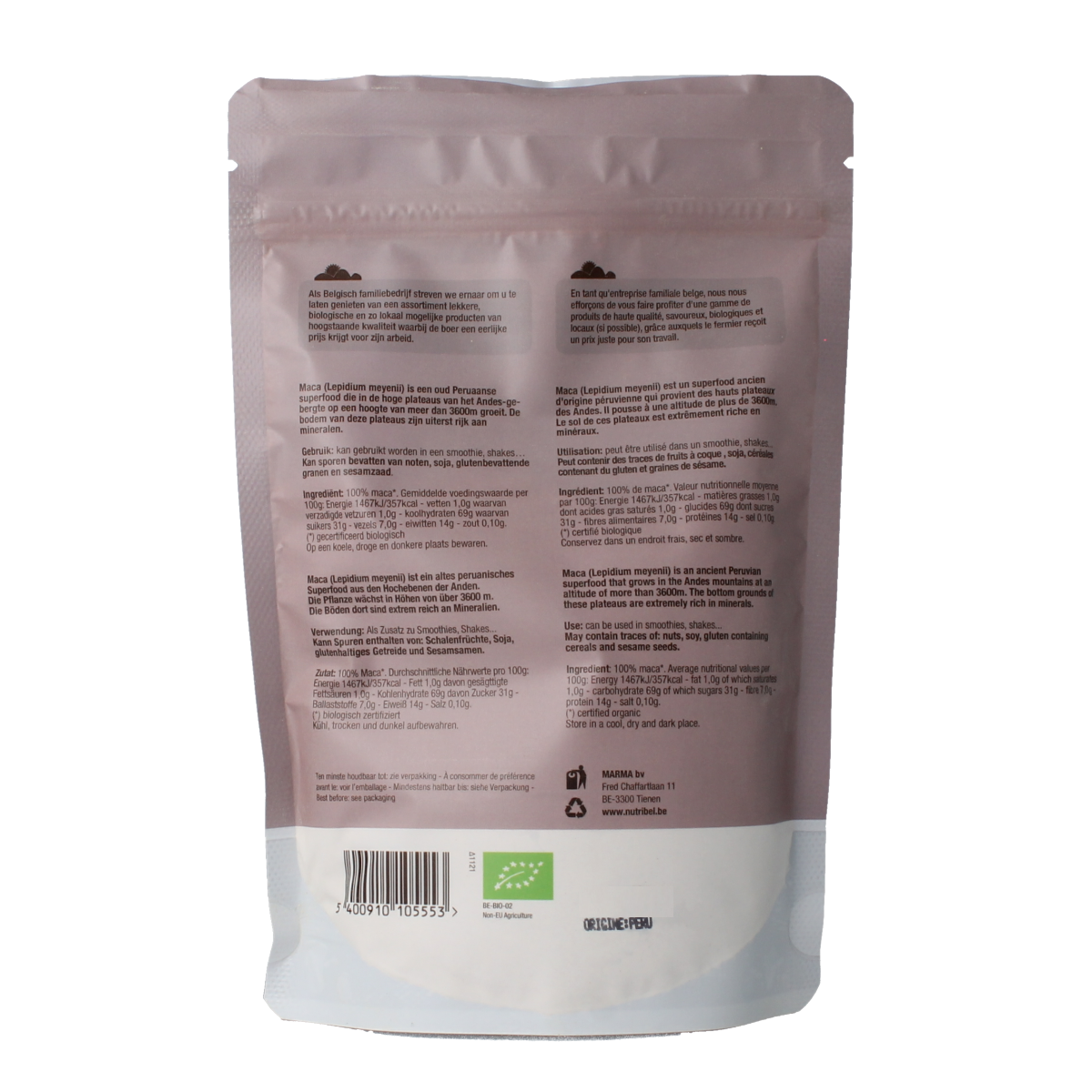 Nutribel Maca poeder raw bio, 200g, organic nutritional supplement in a resealable bag with a clear label.