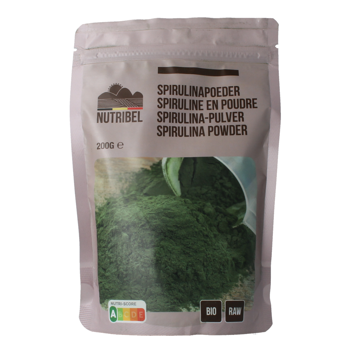 Nutribel organic spirulina powder in a 200g package, raw blue-green superfood supplement with vibrant green color.